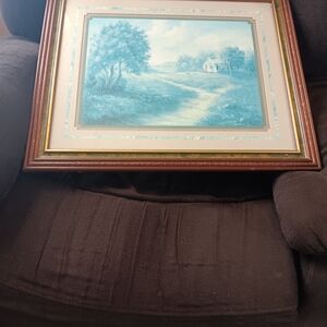 Blue Landscape Art Print with Brown Frame